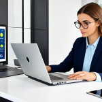 A focused business professional in modest business casual attire, seated at a sleek modern desk. They are intently viewing a laptop screen, which displays a dynamic graphic of loyalty points visibly transforming into various practical everyday items like a coffee machine, a basket of fresh groceries, and car rental keys. One hand gently rests on a credit card. The background is a bright, organized home office environment. safe for work, appropriate content, fully clothed, professional, perfect anatomy, correct proportions, natural pose, well-formed hands, proper finger count, natural body proportions, professional photography, high-quality realistic rendering.