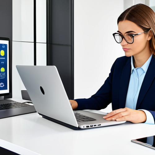 A focused business professional in modest business casual attire, seated at a sleek modern desk. They are intently viewing a laptop screen, which displays a dynamic graphic of loyalty points visibly transforming into various practical everyday items like a coffee machine, a basket of fresh groceries, and car rental keys. One hand gently rests on a credit card. The background is a bright, organized home office environment. safe for work, appropriate content, fully clothed, professional, perfect anatomy, correct proportions, natural pose, well-formed hands, proper finger count, natural body proportions, professional photography, high-quality realistic rendering.
