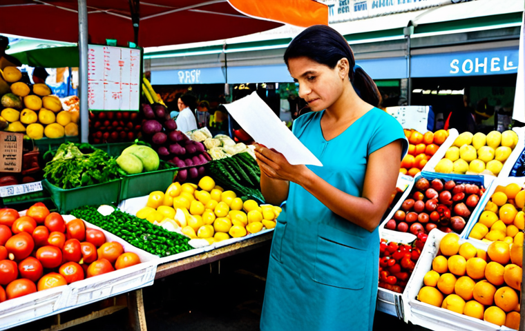 체크카드 결제 후 취소 절차 - Conscious Shopper**
A woman in a brightly lit Brazilian marketplace (feira), examining fresh produc...
