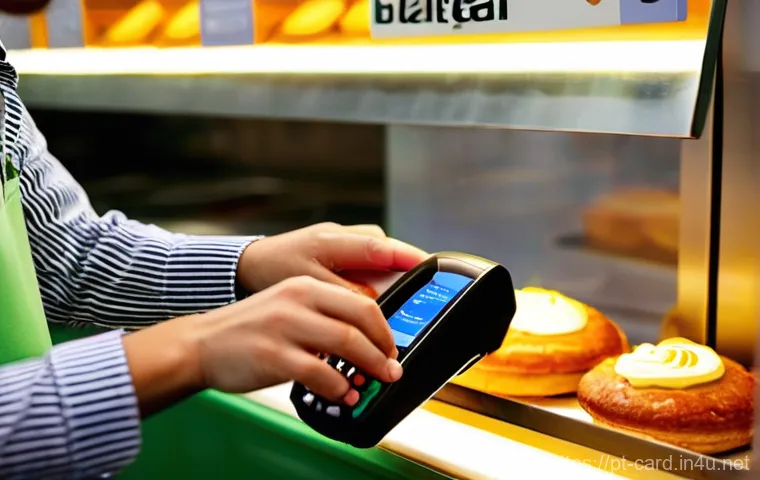 체크카드 사용 시 주의사항 - **Prompt:** A dynamic, close-up shot of a person's hands performing a contactless debit card payment...