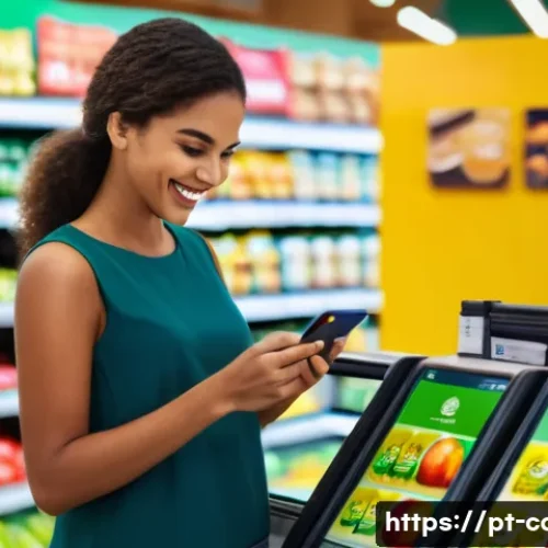 체크카드 부가서비스 - A modern Brazilian woman in casual business attire standing at a vibrant local supermarket checkout ...