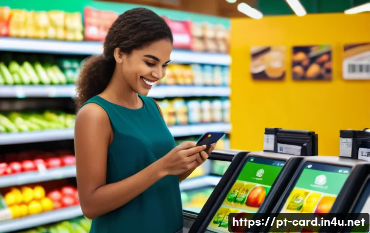 체크카드 부가서비스 - A modern Brazilian woman in casual business attire standing at a vibrant local supermarket checkout ...