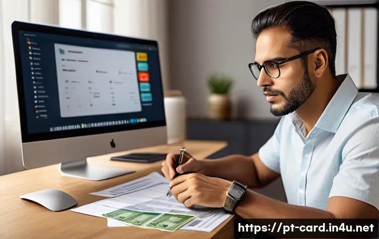 신용카드 연회비 비교 - A professional Brazilian man reviewing his monthly budget at a cozy home office, Brazilian real curr...