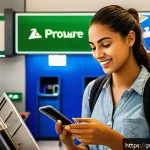 신용카드 해외 여행 필수 - A detailed, vibrant scene showing a Brazilian traveler at an international airport payment terminal,...
