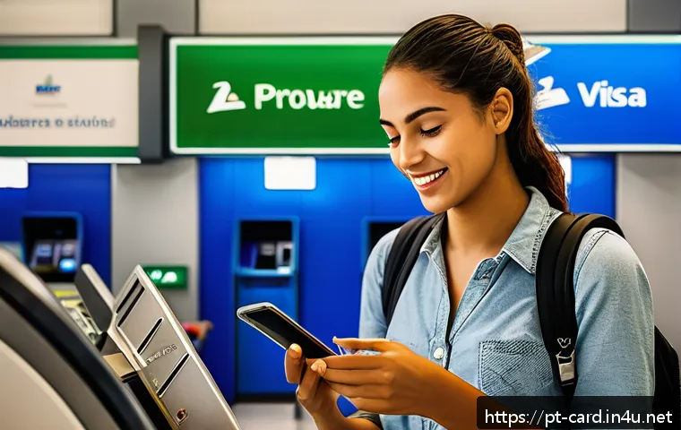 신용카드 해외 여행 필수 - A detailed, vibrant scene showing a Brazilian traveler at an international airport payment terminal,...