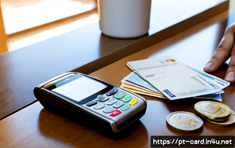 신용카드 포인트 적립률 - Photorealistic close-up of a Portuguese shopper comparing two plain unbranded credit cards at a tidy...